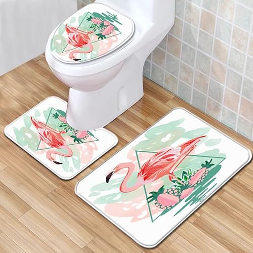 Badezimmermatte Dreieck Grün Flamingo rutschfeste Badmatte Waschbar Bath Mat Bad Vorleger Memory Schaum Badezimmerteppich U förmige WC Teppich Badteppich Set 45x75 cm von RMJCXYS
