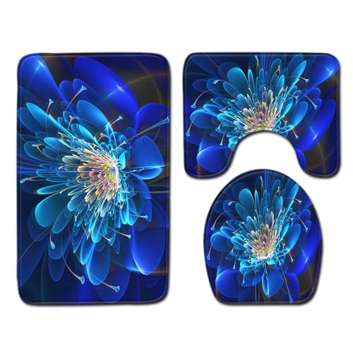 Badezimmermatte Dunkelblaue Blume rutschfeste Badmatte Waschbar Bath Mat Bad Vorleger Memory Schaum Badezimmerteppich U förmige WC Teppich Badteppich Set 45x75 cm von RMJCXYS