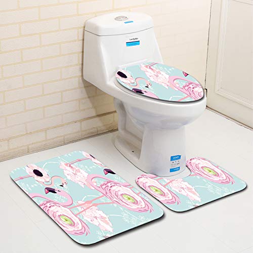 Badezimmermatte Flamingo Blume Rosa rutschfeste Badmatte Waschbar Bath Mat Bad Vorleger Memory Schaum Badezimmerteppich U förmige WC Teppich Badteppich Set 45x75 cm von RMJCXYS