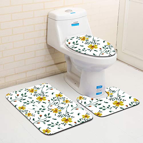 Badezimmermatte Gelb Grüne Blätter rutschfeste Badmatte Waschbar Bath Mat Bad Vorleger Memory Schaum Badezimmerteppich U förmige WC Teppich Badteppich Set 45x75 cm von RMJCXYS