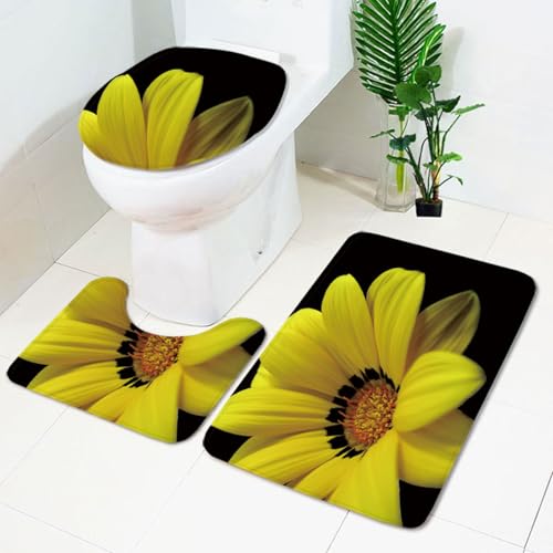 Badezimmermatte Gelbe Schwarze Blume rutschfeste Badmatte Waschbar Bath Mat Bad Vorleger Memory Schaum Badezimmerteppich U förmige WC Teppich Badteppich Set 50x80 cm von RMJCXYS