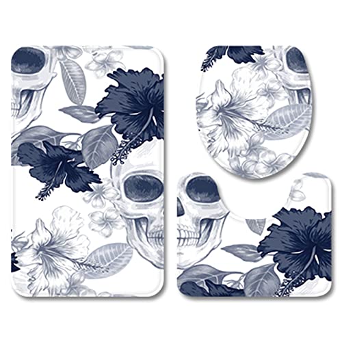 Badezimmermatte Grau Blaue Blätter rutschfeste Badmatte Waschbar Bath Mat Bad Vorleger Memory Schaum Badezimmerteppich U förmige WC Teppich Badteppich Set 45x75 cm von RMJCXYS