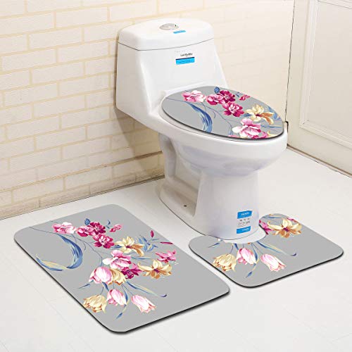 Badezimmermatte Grau Rosa Blume rutschfeste Badmatte Waschbar Bath Mat Bad Vorleger Memory Schaum Badezimmerteppich U förmige WC Teppich Badteppich Set 50x80 cm von RMJCXYS