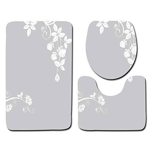 Badezimmermatte Graue Weiße Blume rutschfeste Badmatte Waschbar Bath Mat Bad Vorleger Memory Schaum Badezimmerteppich U förmige WC Teppich Badteppich Set 45x75 cm von RMJCXYS