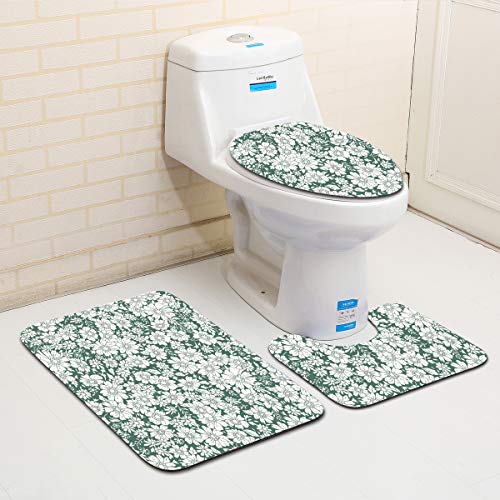 Badezimmermatte Grün Beige Blumen rutschfeste Badmatte Waschbar Bath Mat Bad Vorleger Memory Schaum Badezimmerteppich U förmige WC Teppich Badteppich Set 45x75 cm von RMJCXYS