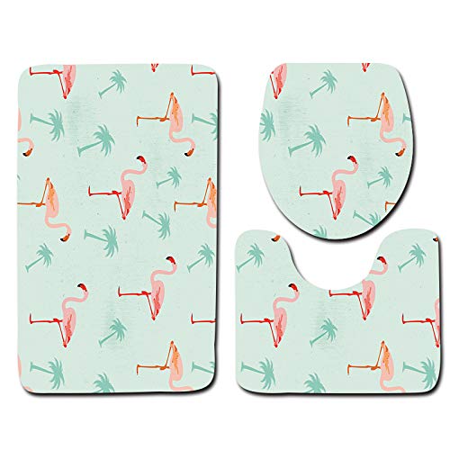 Badezimmermatte Grün Rosa Flamingo rutschfeste Badmatte Waschbar Bath Mat Bad Vorleger Memory Schaum Badezimmerteppich U förmige WC Teppich Badteppich Set 45x75 cm von RMJCXYS