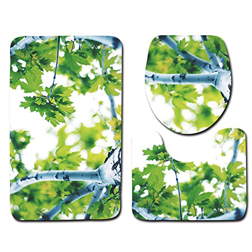 Badezimmermatte Grüne Baum Blätter rutschfeste Badmatte Waschbar Bath Mat Bad Vorleger Memory Schaum Badezimmerteppich U förmige WC Teppich Badteppich Set 50x80 cm von RMJCXYS