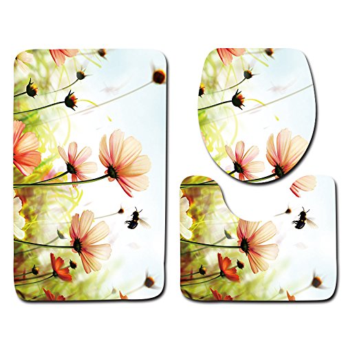 Badezimmermatte Grüne Orange Blume rutschfeste Badmatte Waschbar Bath Mat Bad Vorleger Memory Schaum Badezimmerteppich U förmige WC Teppich Badteppich Set 45x75 cm von RMJCXYS