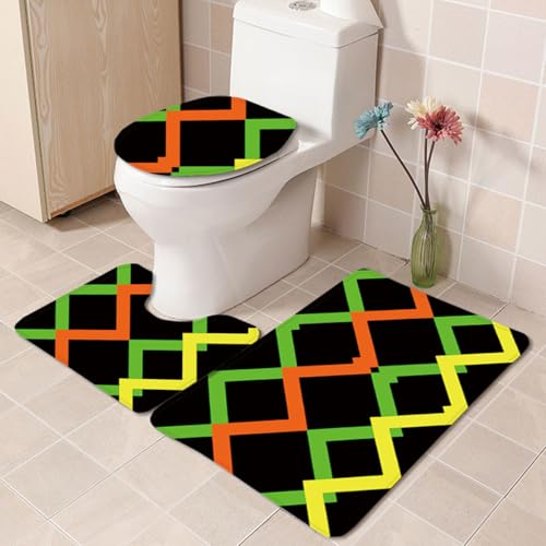 Badezimmermatte Grüne Orange Streifen rutschfeste Badmatte Waschbar Bath Mat Bad Vorleger Memory Schaum Badezimmerteppich U förmige WC Teppich Badteppich Set 50x80 cm von RMJCXYS