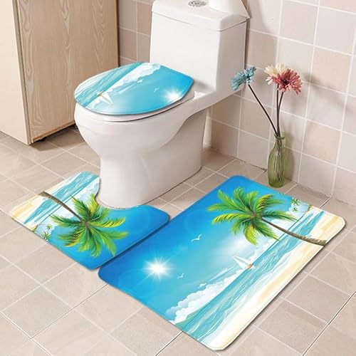 Badezimmermatte Grüne Palme rutschfeste Badmatte Waschbar Bath Mat Bad Vorleger Memory Schaum Badezimmerteppich U förmige WC Teppich Badteppich Set 45x75 cm von RMJCXYS