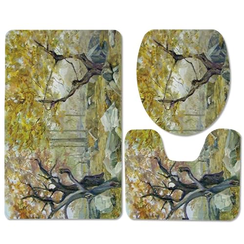Badezimmermatte Grüner Steinbaum rutschfeste Badmatte Waschbar Bath Mat Bad Vorleger Memory Schaum Badezimmerteppich U förmige WC Teppich Badteppich Set 50x80 cm von RMJCXYS