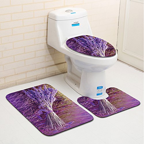 Badezimmermatte Lavendel Lila Blumensträuß rutschfeste Badmatte Waschbar Bath Mat Bad Vorleger Memory Schaum Badezimmerteppich U förmige WC Teppich Badteppich Set 45x75 cm von RMJCXYS