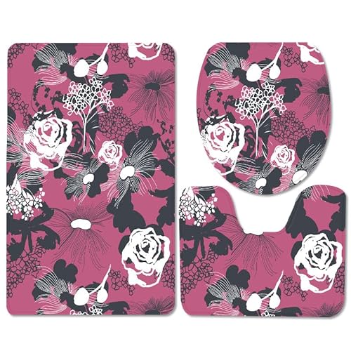 Badezimmermatte Lila Grau Blumen rutschfeste Badmatte Waschbar Bath Mat Bad Vorleger Memory Schaum Badezimmerteppich U förmige WC Teppich Badteppich Set 45x75 cm von RMJCXYS