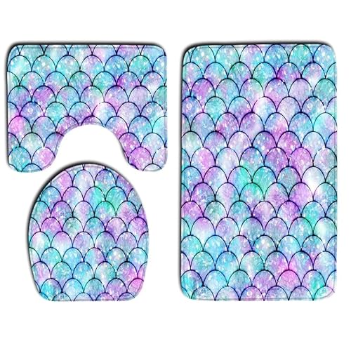 Badezimmermatte Lila Grün Fisch Muster rutschfeste Badmatte Waschbar Bath Mat Bad Vorleger Memory Schaum Badezimmerteppich U förmige WC Teppich Badteppich Set 50x80 cm von RMJCXYS