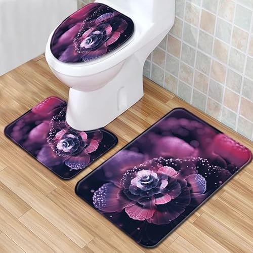 Badezimmermatte Lila Retro Blume rutschfeste Badmatte Waschbar Bath Mat Bad Vorleger Memory Schaum Badezimmerteppich U förmige WC Teppich Badteppich Set 50x80 cm von RMJCXYS