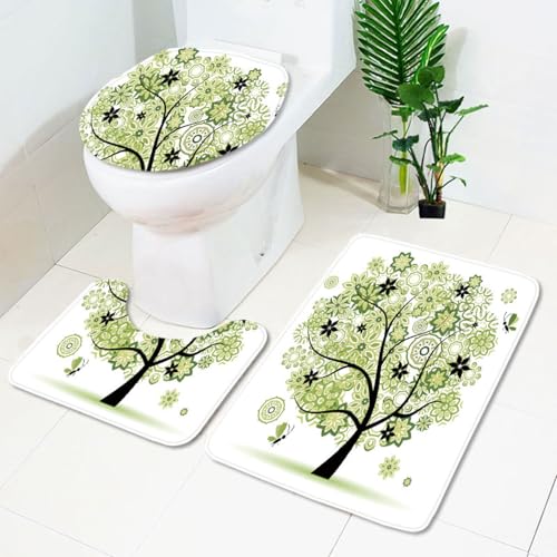 Badezimmermatte Mandala Grüne Blumen rutschfeste Badmatte Waschbar Bath Mat Bad Vorleger Memory Schaum Badezimmerteppich U förmige WC Teppich Badteppich Set 50x80 cm von RMJCXYS