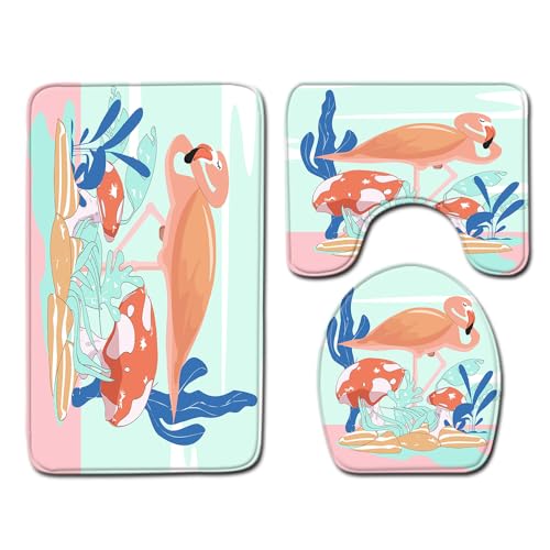 Badezimmermatte Orange Flamingo Pilz rutschfeste Badmatte Waschbar Bath Mat Bad Vorleger Memory Schaum Badezimmerteppich U förmige WC Teppich Badteppich Set 45x75 cm von RMJCXYS