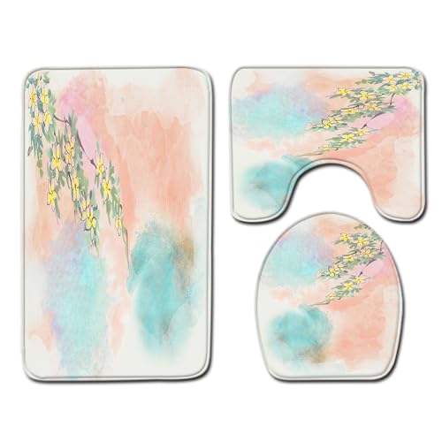 Badezimmermatte Orange Gelbe Blumen rutschfeste Badmatte Waschbar Bath Mat Bad Vorleger Memory Schaum Badezimmerteppich U förmige WC Teppich Badteppich Set 50x80 cm von RMJCXYS