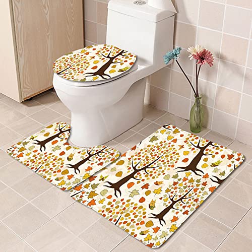 Badezimmermatte Orange Grüne Blätter rutschfeste Badmatte Waschbar Bath Mat Bad Vorleger Memory Schaum Badezimmerteppich U förmige WC Teppich Badteppich Set 45x75 cm von RMJCXYS