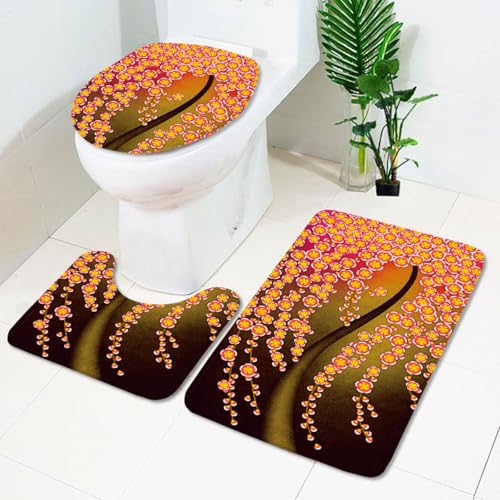 Badezimmermatte Orange Rosa Blumen rutschfeste Badmatte Waschbar Bath Mat Bad Vorleger Memory Schaum Badezimmerteppich U förmige WC Teppich Badteppich Set 50x80 cm von RMJCXYS