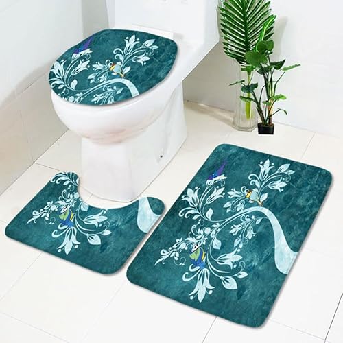 Badezimmermatte Retro Grün Blumen rutschfeste Badmatte Waschbar Bath Mat Bad Vorleger Memory Schaum Badezimmerteppich U förmige WC Teppich Badteppich Set 50x80 cm von RMJCXYS