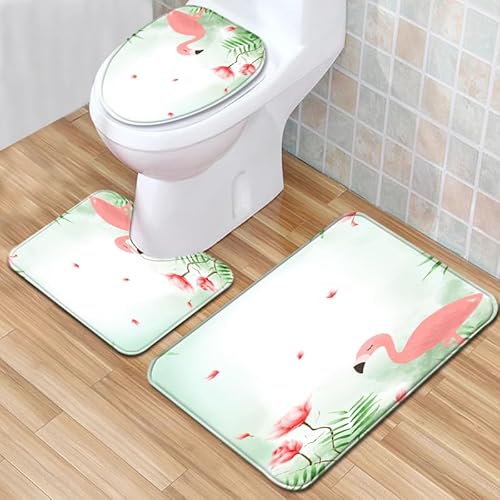 Badezimmermatte Rosa Blume Flamingo rutschfeste Badmatte Waschbar Bath Mat Bad Vorleger Memory Schaum Badezimmerteppich U förmige WC Teppich Badteppich Set 50x80 cm von RMJCXYS