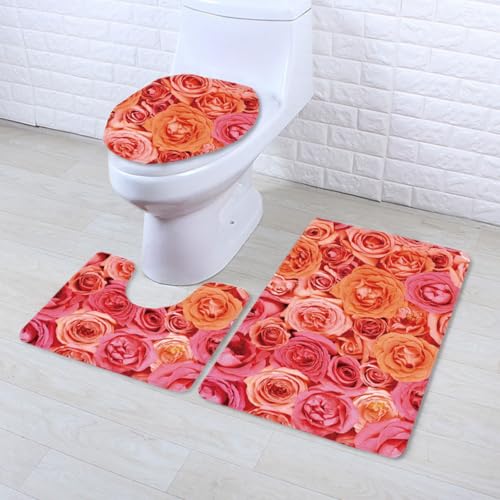 Badezimmermatte Rosa Orange Blumen rutschfeste Badmatte Waschbar Bath Mat Bad Vorleger Memory Schaum Badezimmerteppich U förmige WC Teppich Badteppich Set 45x75 cm von RMJCXYS