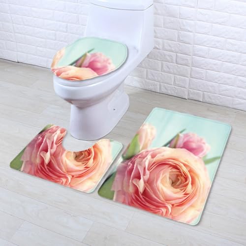 Badezimmermatte Rosa Orange Blumen rutschfeste Badmatte Waschbar Bath Mat Bad Vorleger Memory Schaum Badezimmerteppich U förmige WC Teppich Badteppich Set 50x80 cm von RMJCXYS