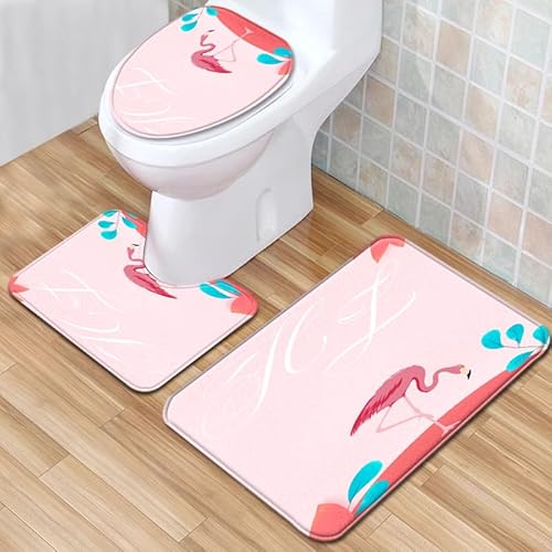 Badezimmermatte Rosablatt Flamingo rutschfeste Badmatte Waschbar Bath Mat Bad Vorleger Memory Schaum Badezimmerteppich U förmige WC Teppich Badteppich Set 50x80 cm von RMJCXYS