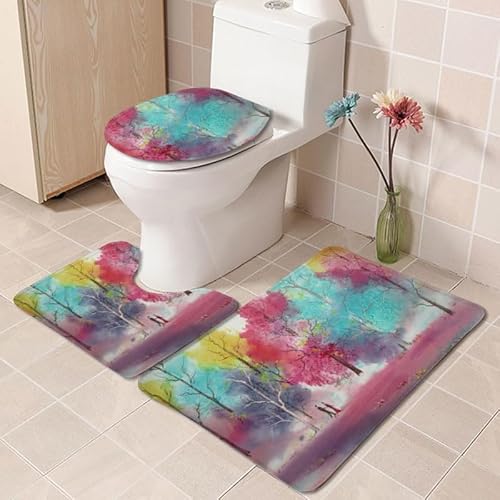 Badezimmermatte Rotblaue Bäume rutschfeste Badmatte Waschbar Bath Mat Bad Vorleger Memory Schaum Badezimmerteppich U förmige WC Teppich Badteppich Set 50x80 cm von RMJCXYS