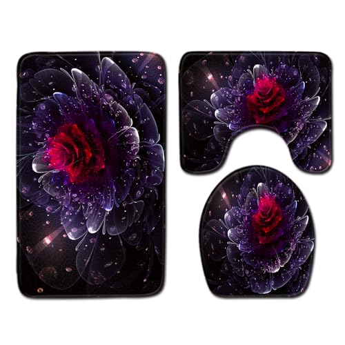 Badezimmermatte Rote Lila Blumen rutschfeste Badmatte Waschbar Bath Mat Bad Vorleger Memory Schaum Badezimmerteppich U förmige WC Teppich Badteppich Set 50x80 cm von RMJCXYS