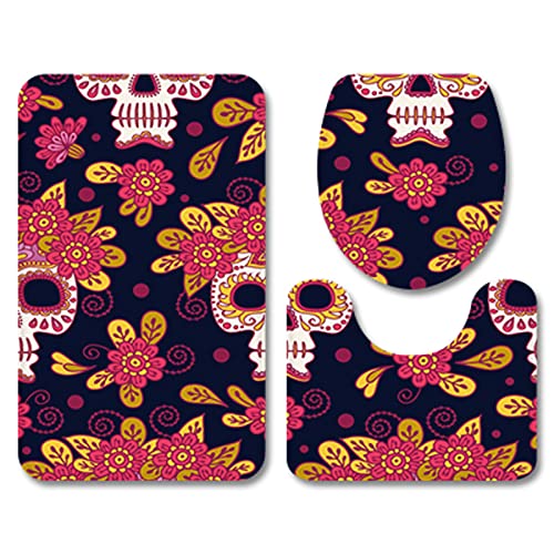Badezimmermatte Rote Schädelblume rutschfeste Badmatte Waschbar Bath Mat Bad Vorleger Memory Schaum Badezimmerteppich U förmige WC Teppich Badteppich Set 45x75 cm von RMJCXYS