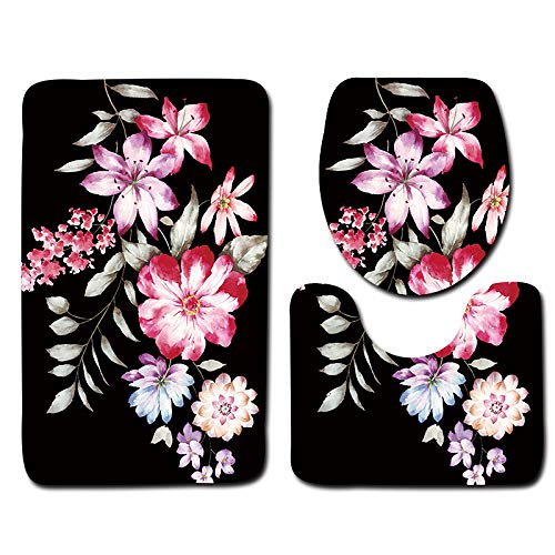 Badezimmermatte Schwarze Rosa Blume rutschfeste Badmatte Waschbar Bath Mat Bad Vorleger Memory Schaum Badezimmerteppich U förmige WC Teppich Badteppich Set 45x75 cm von RMJCXYS