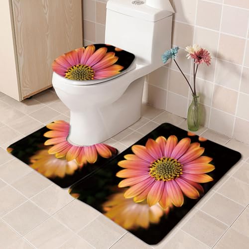 Badezimmermatte Schwarze Rosa Blumen rutschfeste Badmatte Waschbar Bath Mat Bad Vorleger Memory Schaum Badezimmerteppich U förmige WC Teppich Badteppich Set 45x75 cm von RMJCXYS