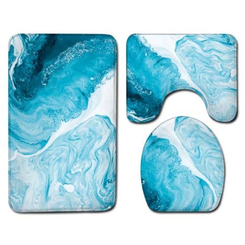 Badezimmermatte Wasserblauer Marmor rutschfeste Badmatte Waschbar Bath Mat Bad Vorleger Memory Schaum Badezimmerteppich U förmige WC Teppich Badteppich Set 45x75 cm von RMJCXYS