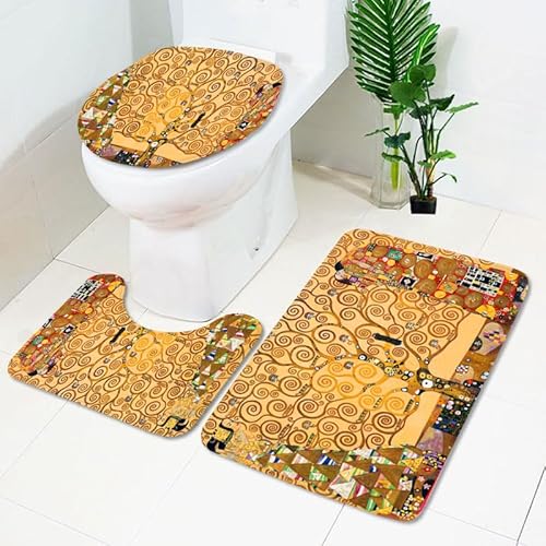 Badezimmerteppich Abstrakter Gelber Baum WC Vorleger mit Ausschnitt WC Deckelbezug 3 Teiliges WC Teppich rutschfeste Badgarnitur U förmiger Badematte Waschbar Bad Teppiche Set 50x80 cm von RMJCXYS