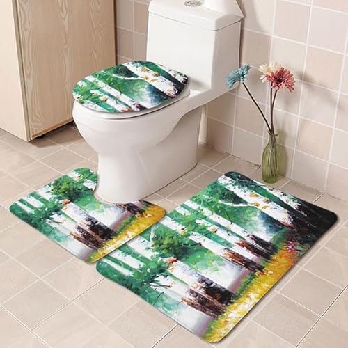 Badezimmerteppich Abstrakter Grüner Baum WC Vorleger mit Ausschnitt WC Deckelbezug 3 Teiliges WC Teppich rutschfeste Badgarnitur U förmiger Badematte Waschbar Bad Teppiche Set 45x75 cm von RMJCXYS