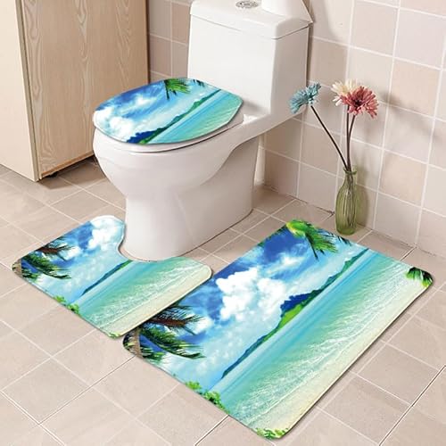 Badezimmerteppich Blaue Grüne Wolken WC Vorleger mit Ausschnitt WC Deckelbezug 3 Teiliges WC Teppich rutschfeste Badgarnitur U förmiger Badematte Waschbar Bad Teppiche Set 50x80 cm von RMJCXYS