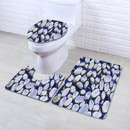 Badezimmerteppich Blauer Beige Stein WC Vorleger mit Ausschnitt WC Deckelbezug 3 Teiliges WC Teppich rutschfeste Badgarnitur U förmiger Badematte Waschbar Bad Teppiche Set 45x75 cm von RMJCXYS