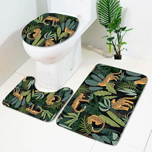 Badezimmerteppich Dschungel Grüner Leopard WC Vorleger mit Ausschnitt WC Deckelbezug 3 Teiliges WC Teppich rutschfeste Badgarnitur U förmiger Badematte Waschbar Bad Teppiche Set 50x80 cm von RMJCXYS