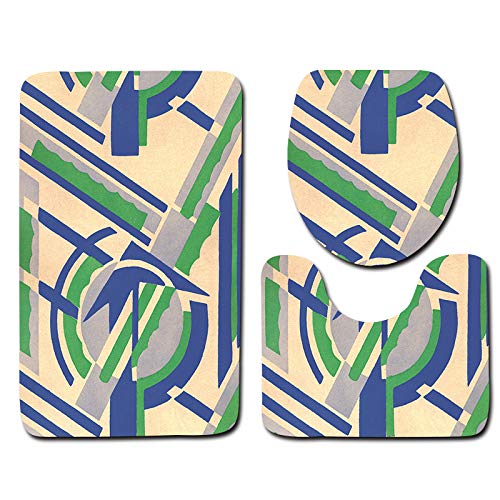 Badezimmerteppich Geometrisch Beige Blau WC Vorleger mit Ausschnitt WC Deckelbezug 3 Teiliges WC Teppich rutschfeste Badgarnitur U förmiger Badematte Waschbar Bad Teppiche Set 45x75 cm von RMJCXYS