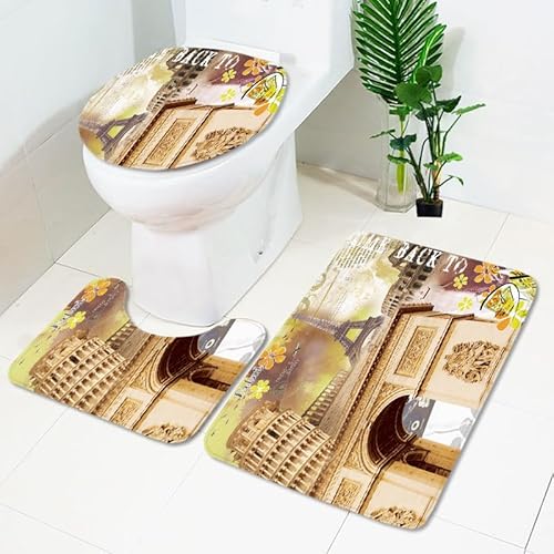 Badezimmerteppich Golden Beige Architektur WC Vorleger mit Ausschnitt WC Deckelbezug 3 Teiliges WC Teppich rutschfeste Badgarnitur U förmiger Badematte Waschbar Bad Teppiche Set 50x80 cm von RMJCXYS