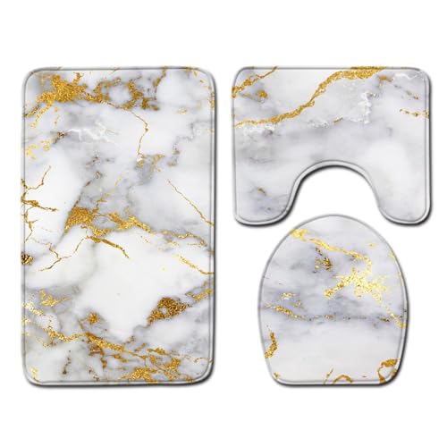 Badezimmerteppich Goldener Beiger Marmor WC Vorleger mit Ausschnitt WC Deckelbezug 3 Teiliges WC Teppich rutschfeste Badgarnitur U förmiger Badematte Waschbar Bad Teppiche Set 45x75 cm von RMJCXYS