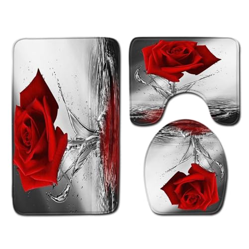 Badezimmerteppich Graue Rote Blume WC Vorleger mit Ausschnitt WC Deckelbezug 3 Teiliges WC Teppich rutschfeste Badgarnitur U förmiger Badematte Waschbar Bad Teppiche Set 45x75 cm von RMJCXYS
