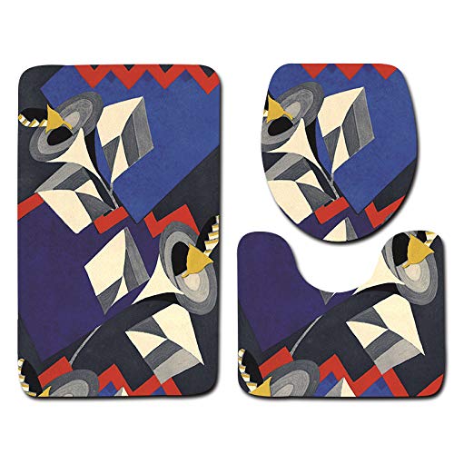 Badezimmerteppich Graues Blaues Muster WC Vorleger mit Ausschnitt WC Deckelbezug 3 Teiliges WC Teppich rutschfeste Badgarnitur U förmiger Badematte Waschbar Bad Teppiche Set 50x80 cm von RMJCXYS
