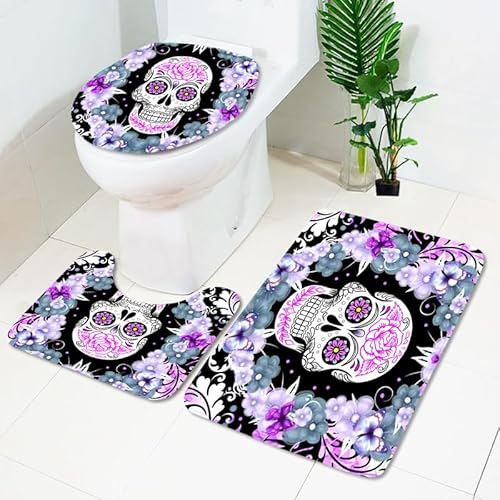 Badezimmerteppich Lila Blume Schädel WC Vorleger mit Ausschnitt WC Deckelbezug 3 Teiliges WC Teppich rutschfeste Badgarnitur U förmiger Badematte Waschbar Bad Teppiche Set 50x80 cm Badezimmerteppich Lila Blume Schädel WC Vorleger mit Ausschnitt WC Deckelbezug 3 Teiliges WC Teppich rutschfeste Badgarnitur U förmiger Badematte Waschbar Bad Teppiche Set 50x80 cm von RMJCXYS