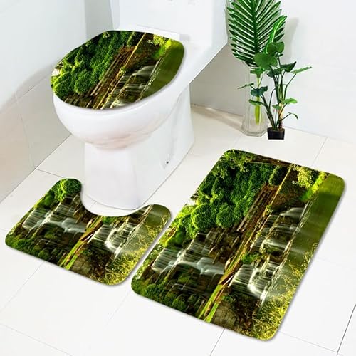 Badezimmerteppich Olivgrüner Wasserfall WC Vorleger mit Ausschnitt WC Deckelbezug 3 Teiliges WC Teppich rutschfeste Badgarnitur U förmiger Badematte Waschbar Bad Teppiche Set 50x80 cm von RMJCXYS