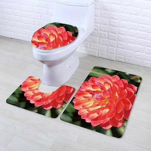 Badezimmerteppich Orange Grüne Blüten WC Vorleger mit Ausschnitt WC Deckelbezug 3 Teiliges WC Teppich rutschfeste Badgarnitur U förmiger Badematte Waschbar Bad Teppiche Set 50x80 cm von RMJCXYS