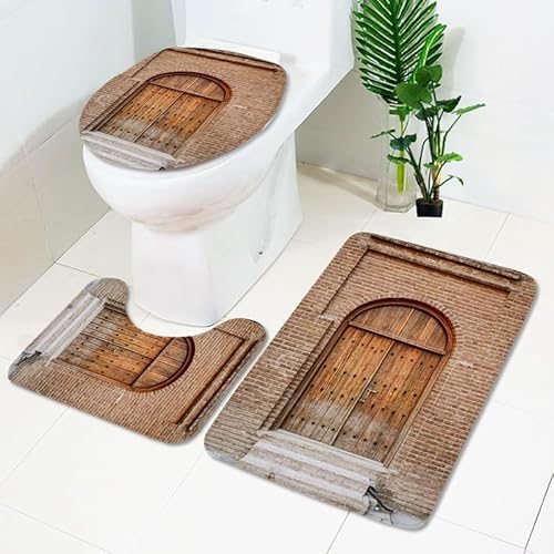 Badezimmerteppich Orange Retro Muster WC Vorleger mit Ausschnitt WC Deckelbezug 3 Teiliges WC Teppich rutschfeste Badgarnitur U förmiger Badematte Waschbar Bad Teppiche Set 50x80 cm von RMJCXYS