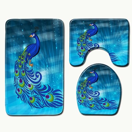 Badezimmerteppich Peacock Blue Print WC Vorleger mit Ausschnitt WC Deckelbezug 3 Teiliges WC Teppich rutschfeste Badgarnitur U förmiger Badematte Waschbar Bad Teppiche Set 50x80 cm von RMJCXYS